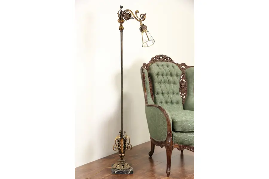 Photo of Wrought Iron 1920's Antique Bridge Reading Floor Lamp, Marble Base
