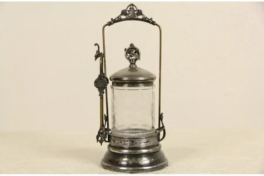 Photo of Globe Signed 1880's Antique Pickle Castor Set, Jar & Tongs