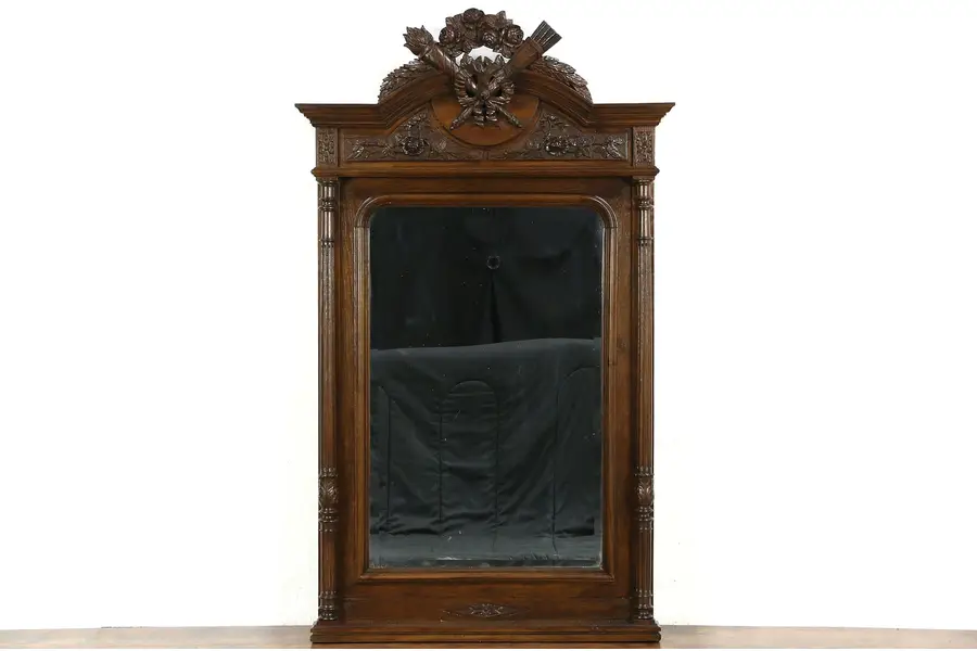 Photo of French Louis XVI Antique 1890 Carved Oak Beveled Wall or Mantel Mirror