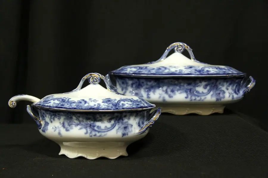 Photo of Doulton Burslem Melrose 1890 Antique Flow Blue Pair Covered Tureens & Ladle
