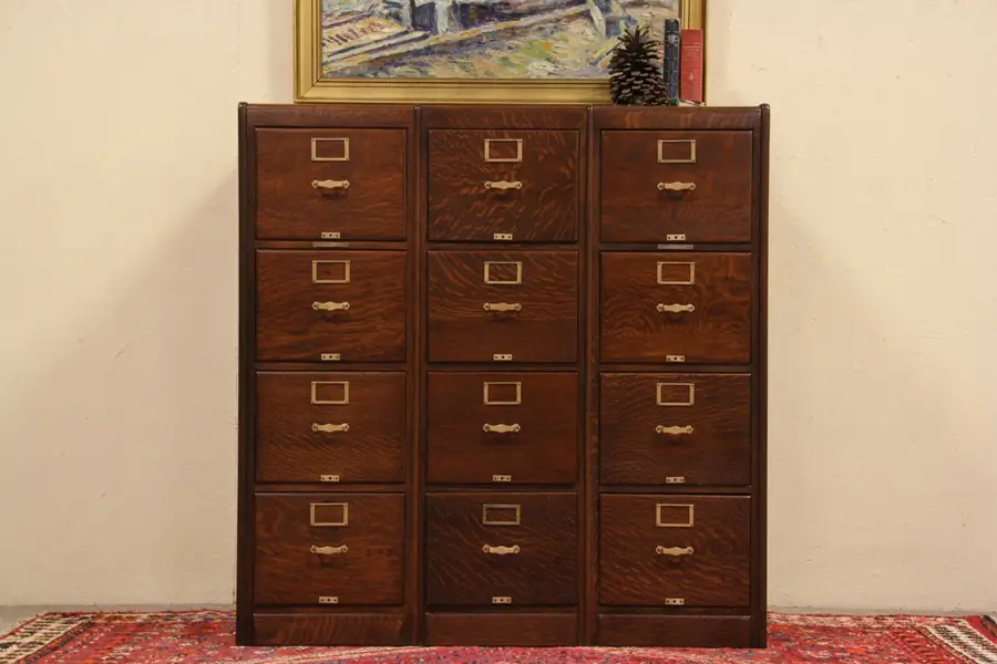 Photo of Triple Oak 12 Drawer Antique 1900 Library File Cabinet
