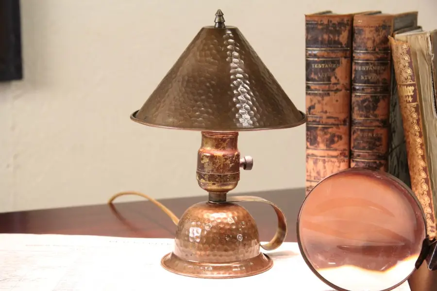Photo of Arts & Crafts 1910 Antique Hammered Copper Table Lamp