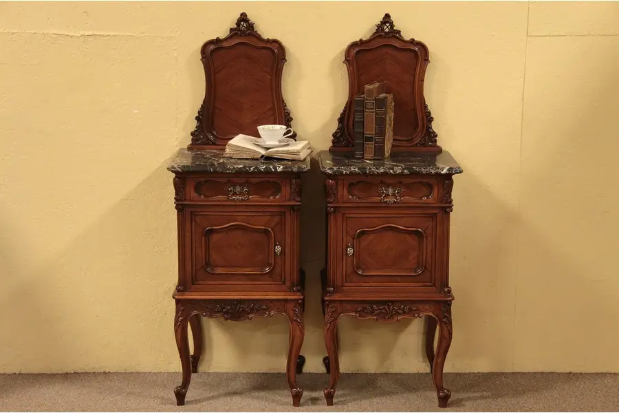 Photo of Pair Carved Walnut Rosewood Marble Top Nightstands