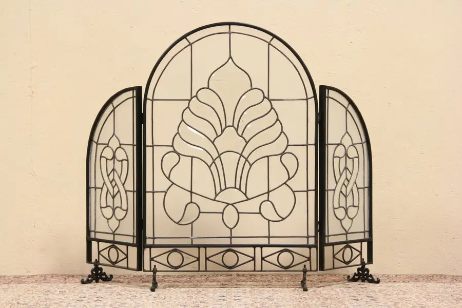 Photo of Leaded Beveled Glass Triple Fireplace Screen