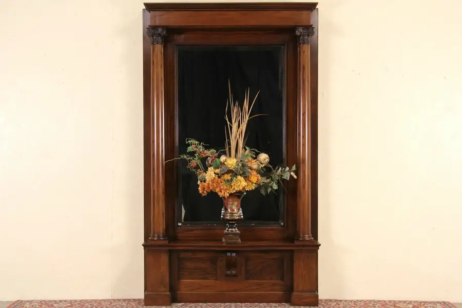 Photo of Oak 1900 Antique Hall, Entry or Foyer Beveled Mirror, Classical Columns