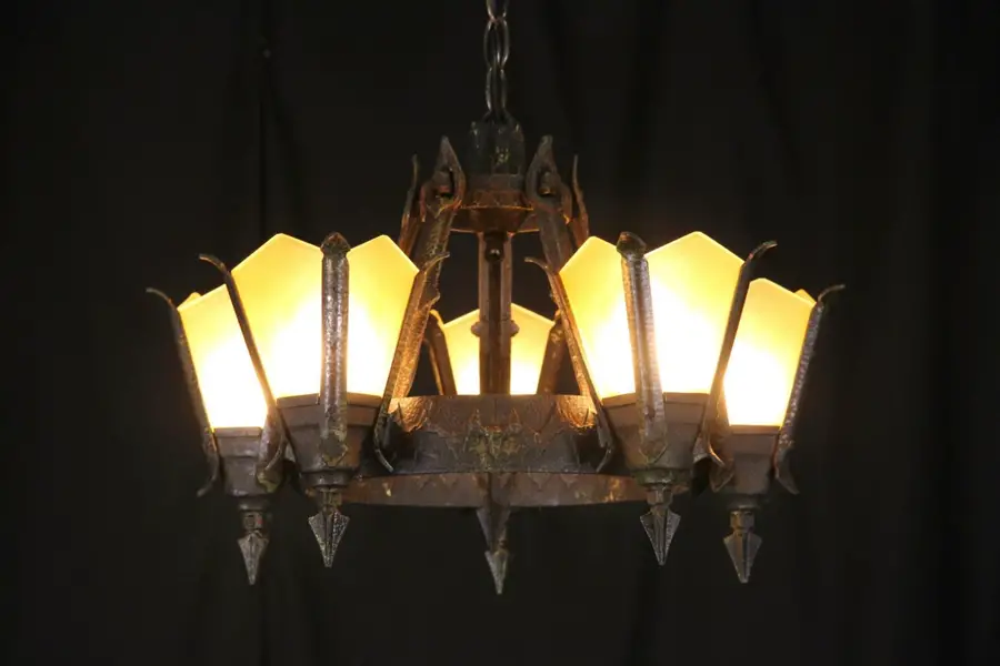 Photo of Tudor 1925 Wrought Iron Chandelier, 5 Original Stained Glass Shades