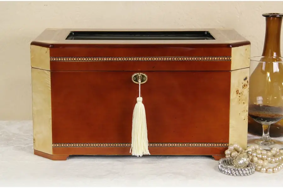 Photo of Marquetry Inlaid Jewelry Box, Beveled Glass Window