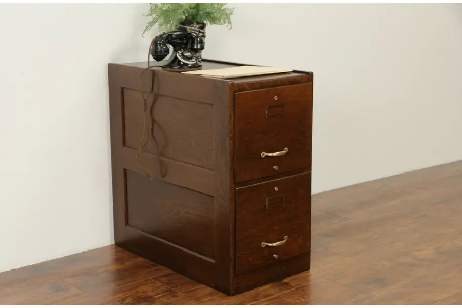 Photo of Oak 2 Drawer 1920 Antique File Cabinet, Paneled Sides