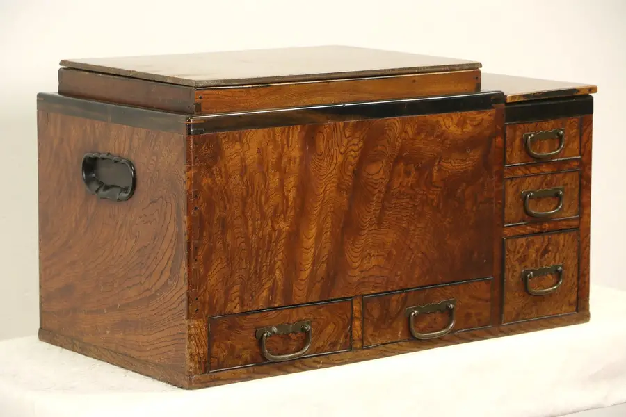 Photo of Japanese 1900's Antique Ash & Elm Hibachi Brazier, Copper Lined