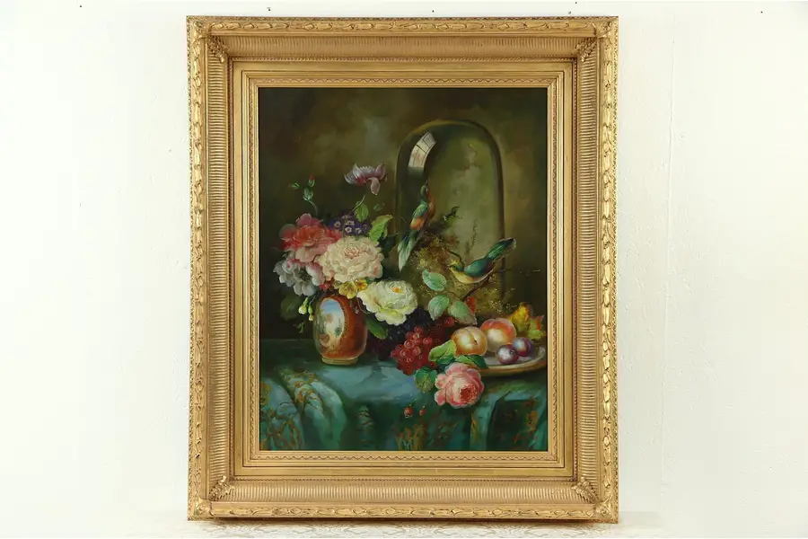 Photo of Flowers, Fruit & Bird Still Life Original Oil Painting, Gold Frame, Signed