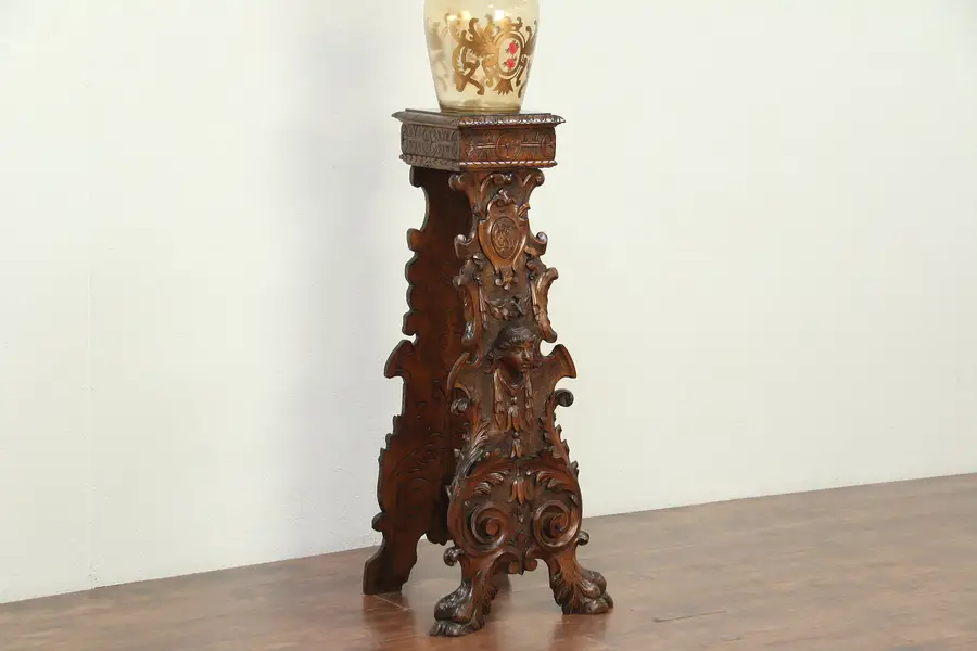 Photo of Pine Antique Plant or Sculpture Stand, Hand Carved Heads & Paws, Italy