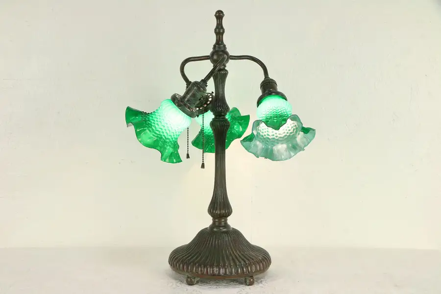 Photo of Bronze Vintage Tiffany Design Lamp, 3 Green Glass Shades