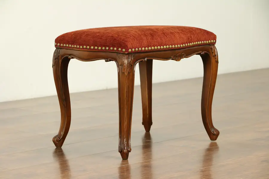 Photo of French Carved Walnut Antique Bench or Stool, New Upholstery