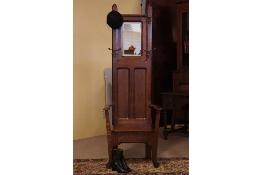 Photo of Arts & Crafts Mission Oak Antique Hall Bench & Stand