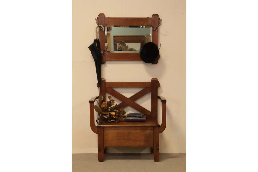 Photo of Arts & Crafts Mission Oak Hall Bench & Mirror