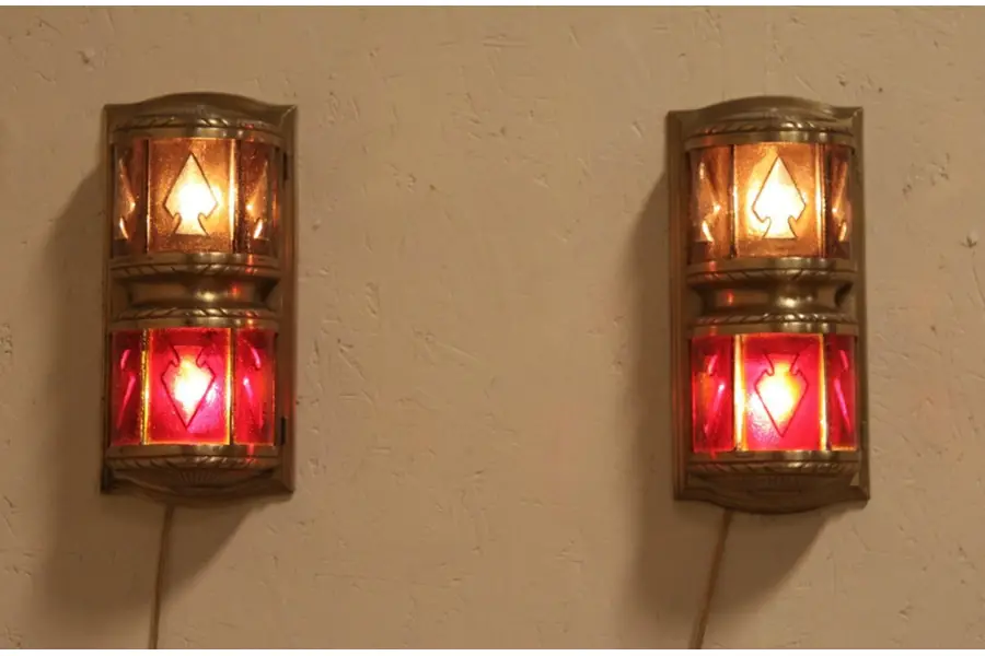 Photo of Pair of 1910 Bronze & Stained Glass Elevator Indicator Lights