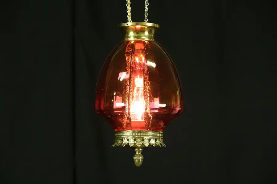 Photo of Cranberry Glass 1880 Antique Oil Lamp Hall Light, Electrified