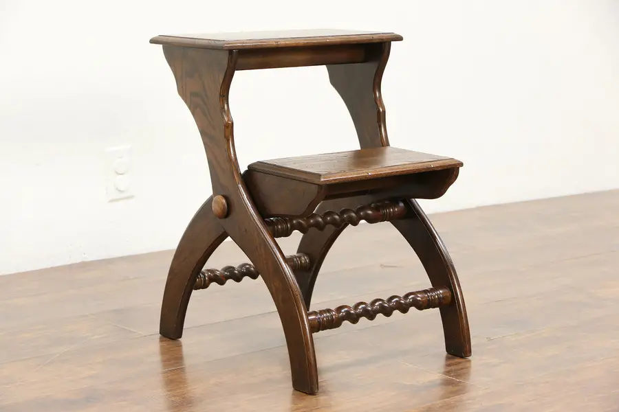 Photo of Bed or Library Steps, Carved Chestnut Vintage Folding Stairs, Signed Henredon