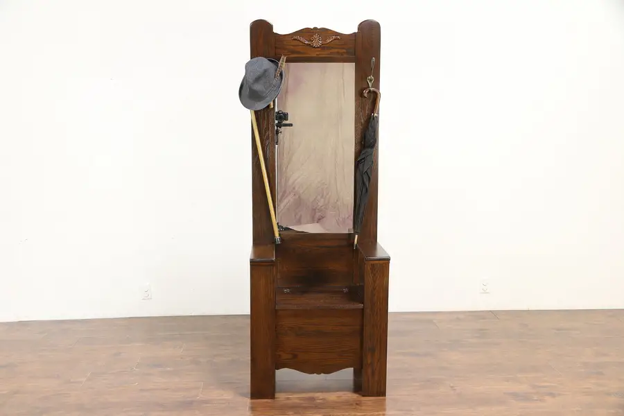 Photo of Oak Antique Hall Stand or Dressing Room Bench, Mirror & Hooks