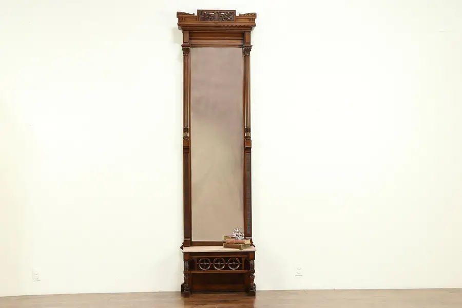 Photo of Victorian Antique Carved Walnut Pier Or Hall Mirror, Marble Shelf