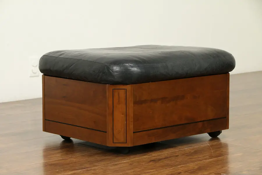 Photo of Stickley Vintage Cherry, Ebony & Leather Stool, Ottoman or Hassock