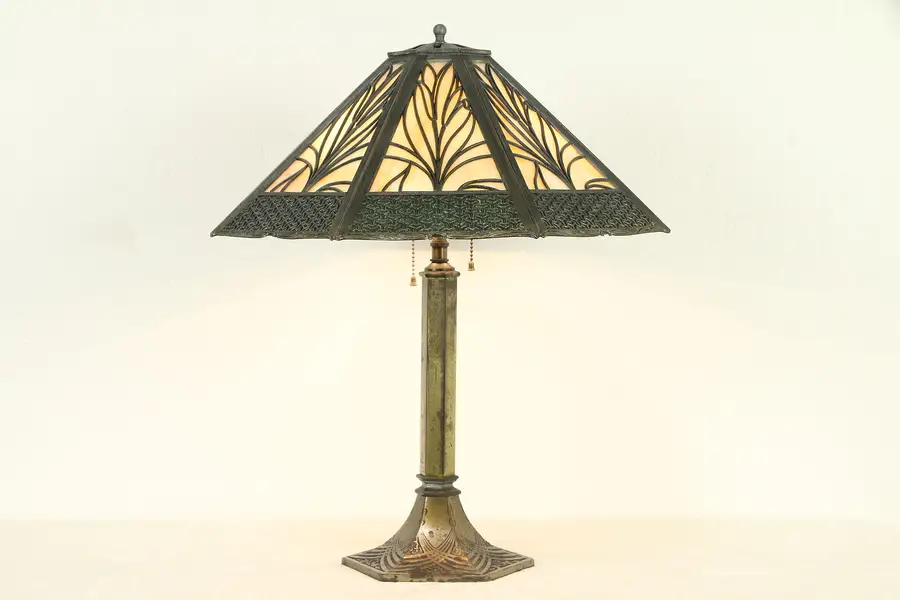 Photo of Filigree 8 Panel Filigree Stained Glass Shade Antique Lamp