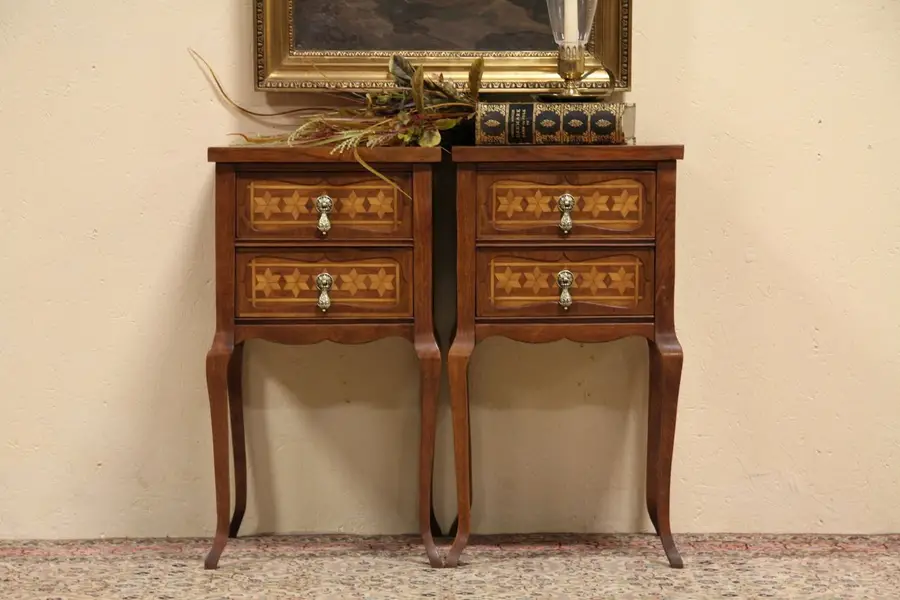 Photo of Pair Inlaid Marquetry Bedside or End Tables, Nightstands