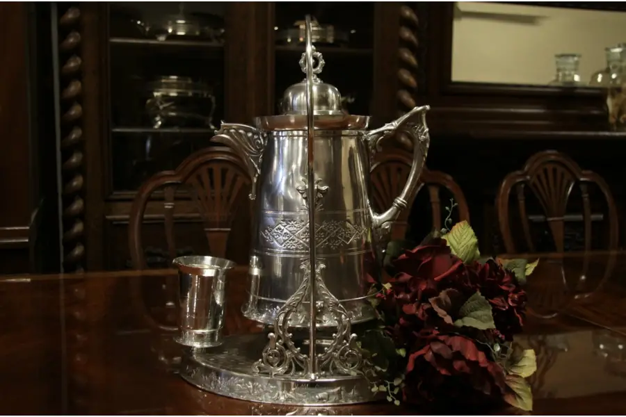 Photo of Meriden Silverplate 1868 Tilting Pitcher, Stand & Cup