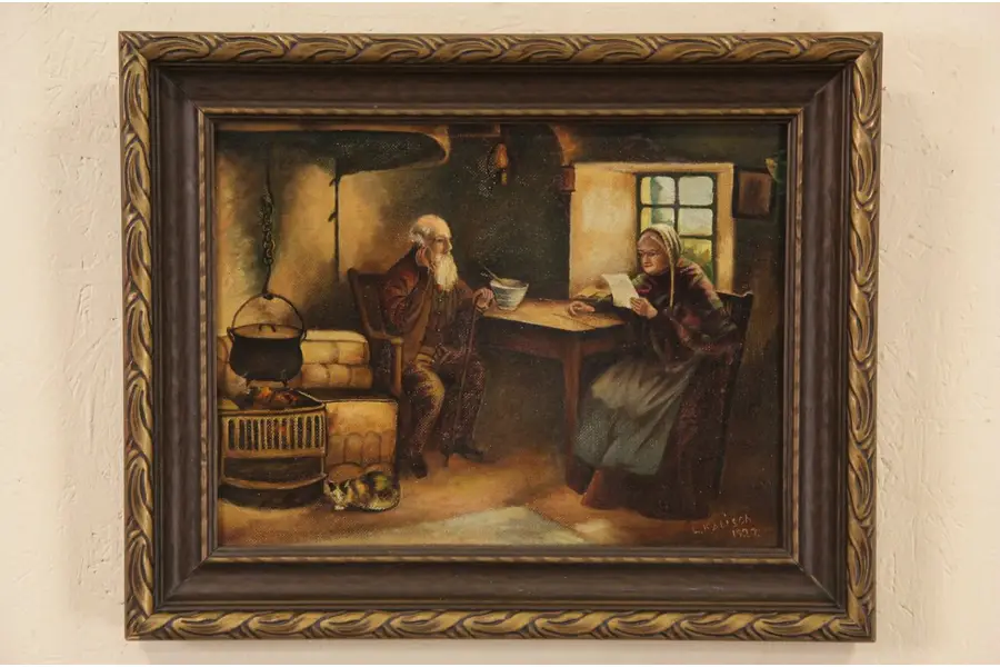 Photo of Original Oil Painting of Elderly Couple at a Table, Signed 1927