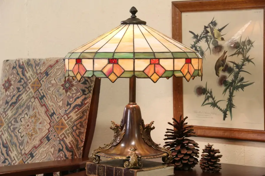 Photo of Stained Glass 1915 Lamp, Bronze Dragon Base