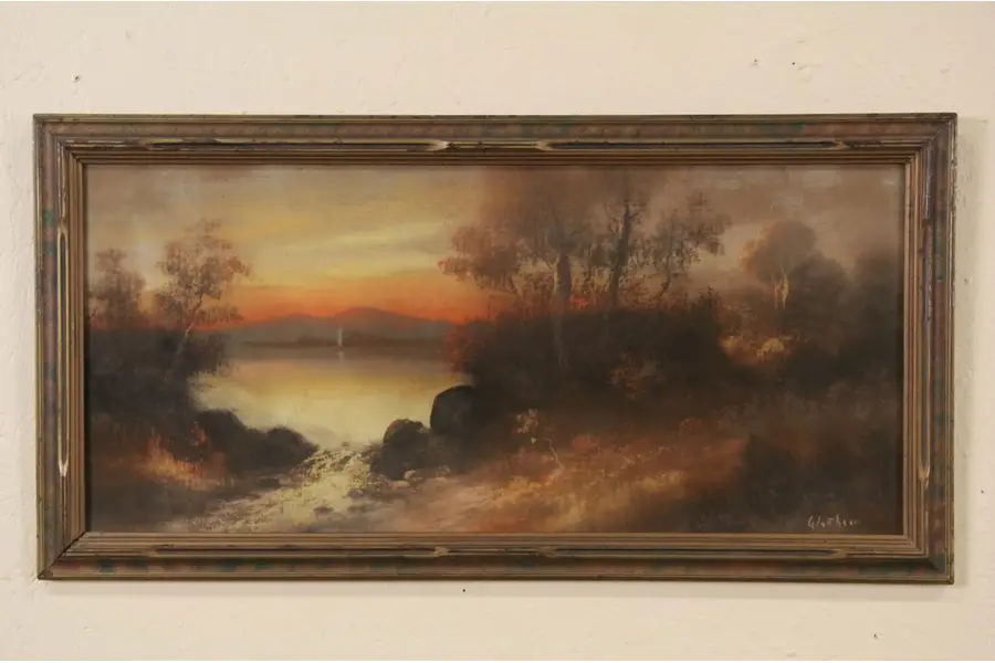 Photo of Sunset Original Signed 1900 Pastel or Chalk Drawing, Signed Glatthaar