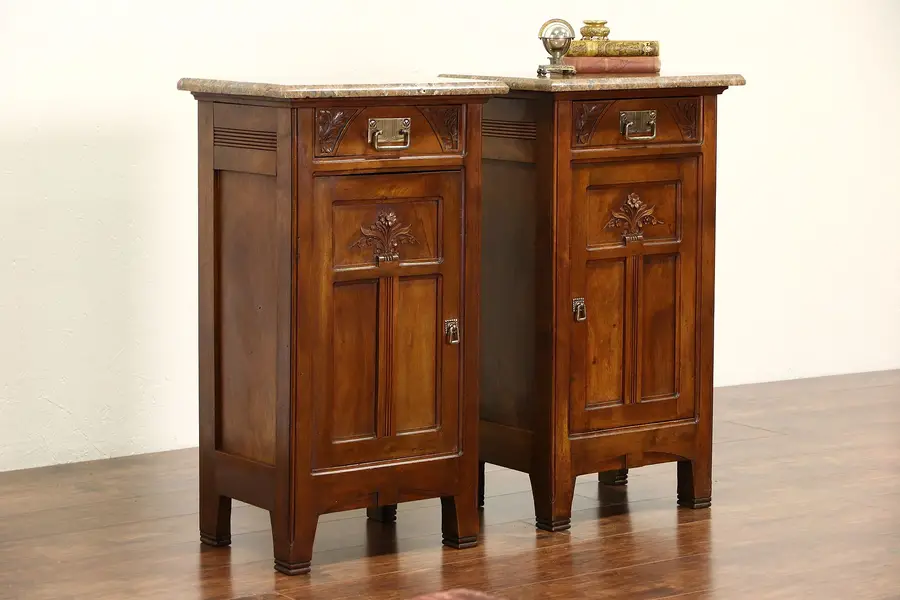 Photo of Pair of 1910 Antique Italian Marble Top Carved Walnut Nightstands