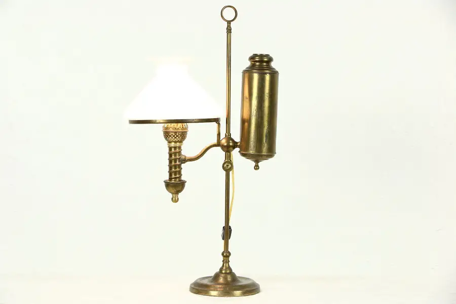 Photo of Victorian Student Oil Desk Lamp, Electrified, Signed Manhattan Brass, Pat. 1874