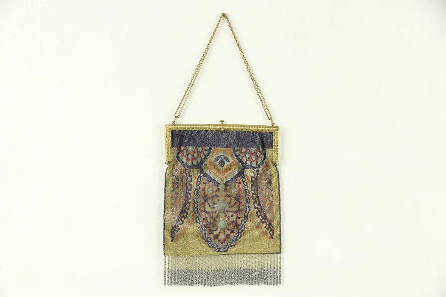 Photo of Glass & Cut Steel Beaded Antique 1910 Fringed Purse
