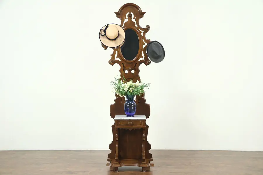 Photo of Victorian Antique 1870's Walnut Hall Stand, Mirror & Marble Shelf