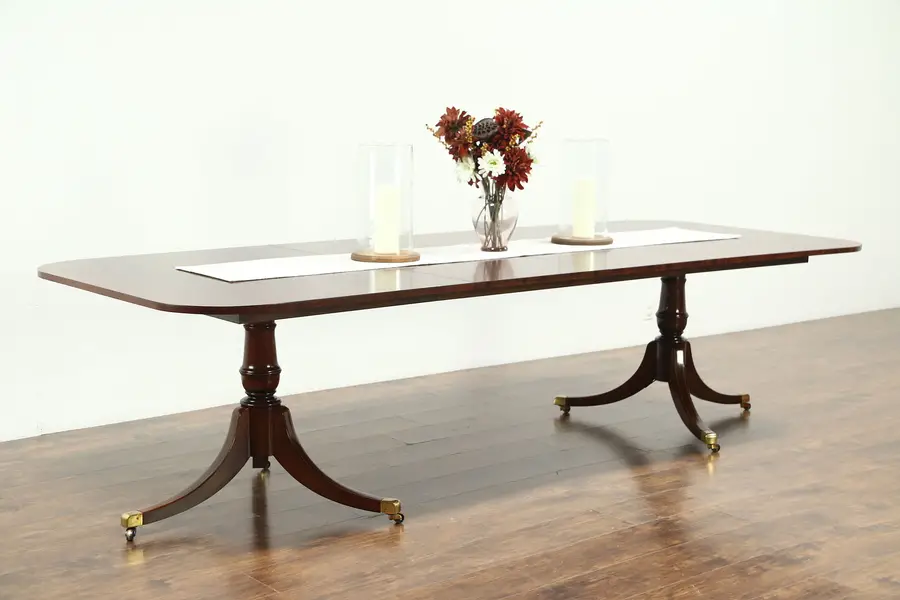 Photo of Georgian Vintage Mahogany Banded Dining Table 2 Leaves Extends 9' 8"
