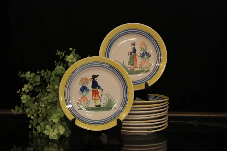 Photo of Quimper Set of 12 Hand Painted Pottery Plates