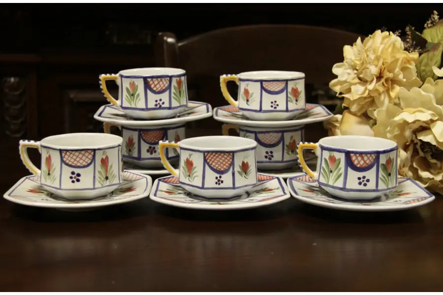Photo of Quimper Brittany France Hand Painted Set of 7 Cups & Saucers
