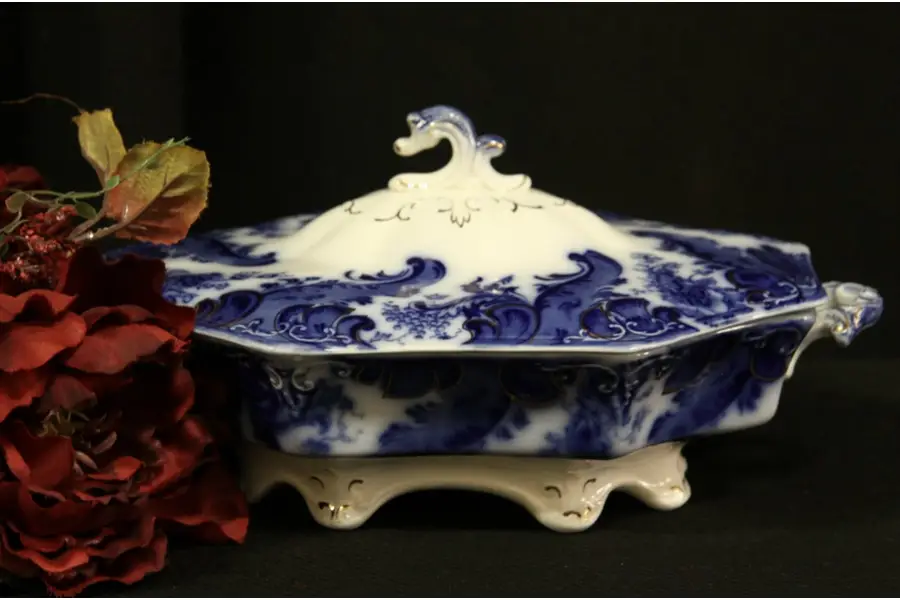 Photo of Flow Blue Covered Tureen - Argyle Pattern by Grindley
