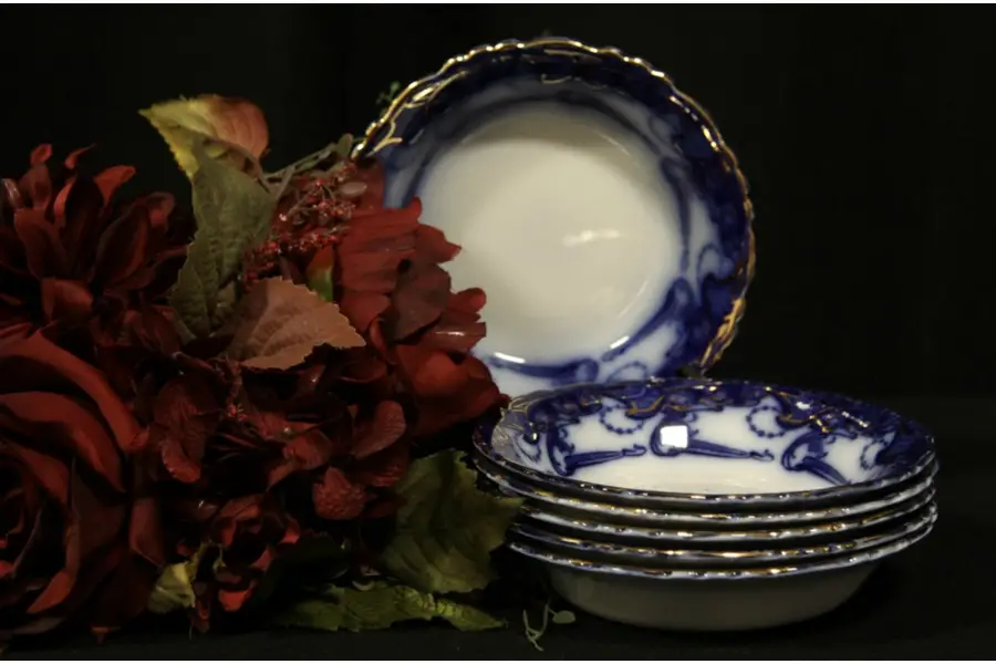 Photo of Flow Blue Set of Six Berry Bowls, Delamere Pattern by Alcock