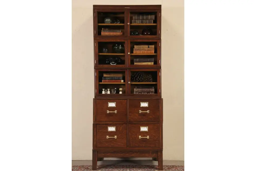 Photo of Oak Library Bureau 1910 Antique Stacking 4 Drawer File & Bookcase