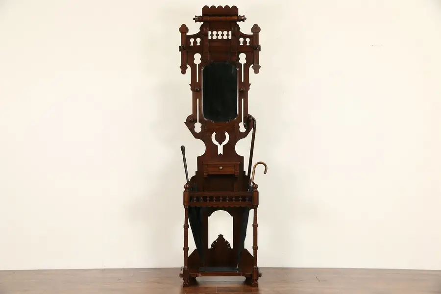 Photo of Victorian Eastlake 1880's Antique Walnut Hall Stand, Cane & Umbrella Holder