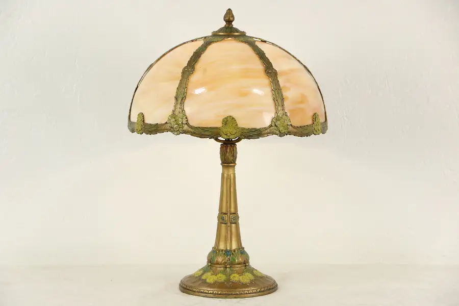 Photo of Curved Stained Glass 1915 Antique Lamp, Base with Original Paint