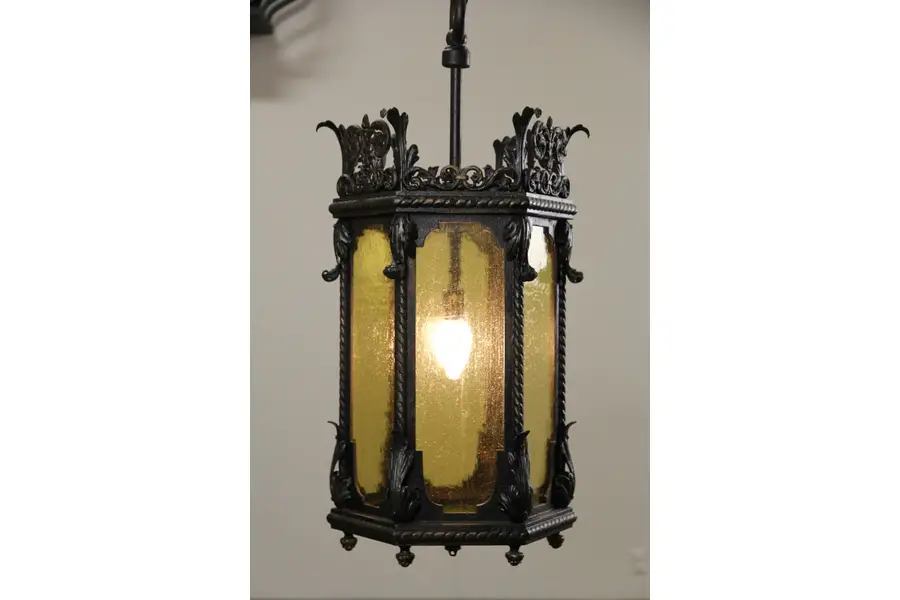 Photo of Cast Iron 1910 Antique Hall Lantern, Stained Glass