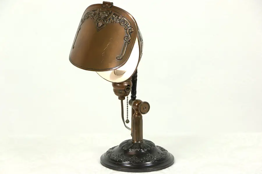 Photo of Lyhne Signed Antique Embossed Copper Desk Lamp with Shield, Pat. 1910