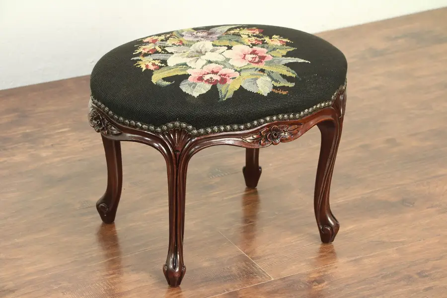 Photo of Oval Antique Walnut Bench or Footstool, Needlepoint Upholstery