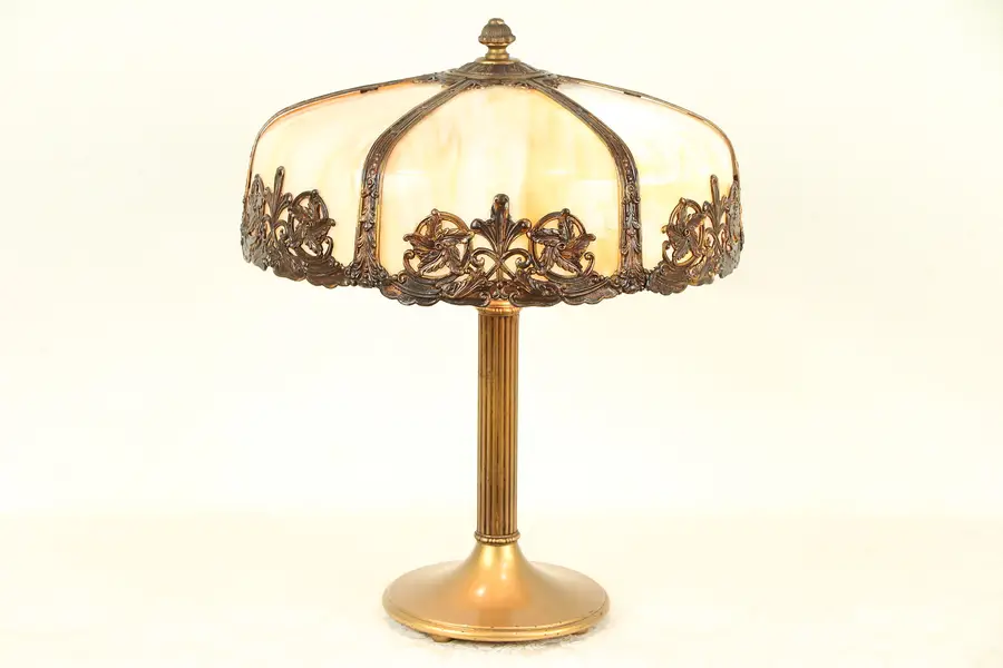 Photo of Fluted Base Antique Lamp, Curved Stained Glass 6 Panel Shade