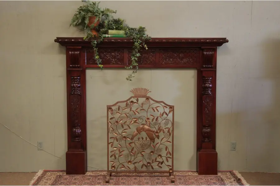 Photo of Large Carved Mahogany Fireplace Mantel & Surround