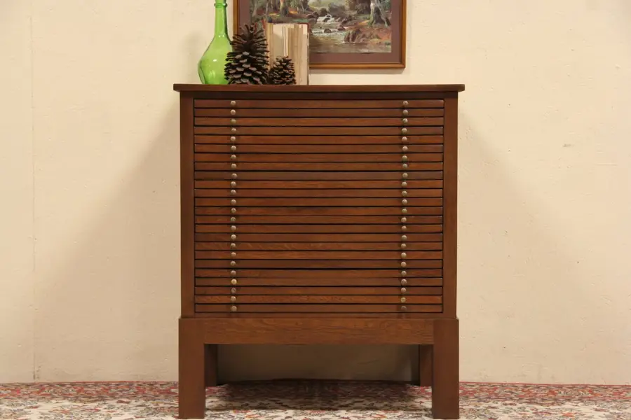 Photo of Oak Antique Map Chest or Document File, Collector Cabinet