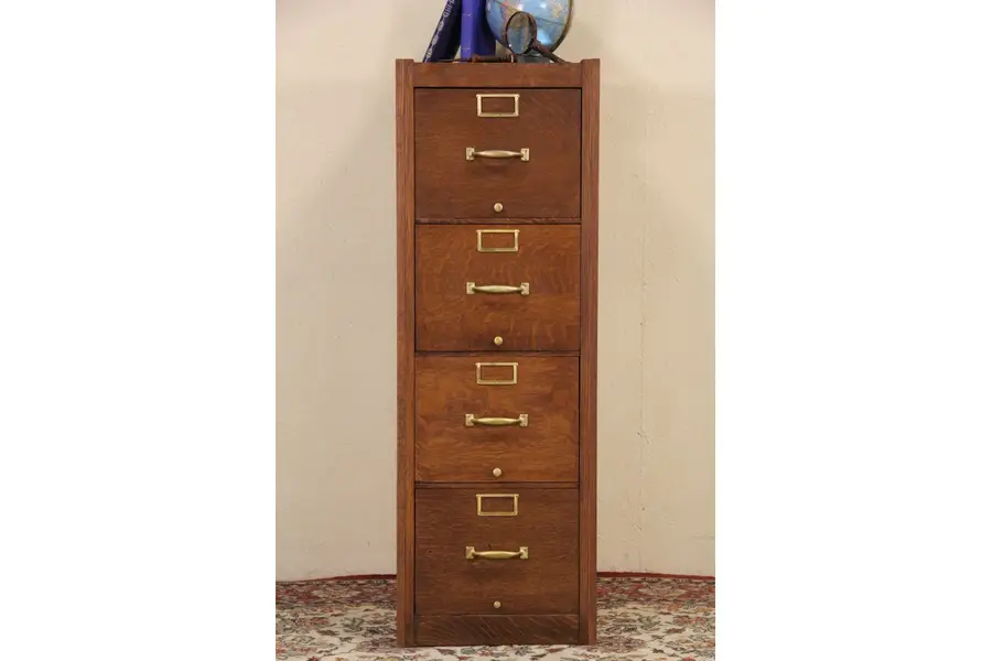 Photo of Oak Filing Cabinet, 1920 Antique 4 Drawer File